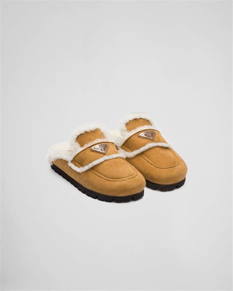 prada shearling fur slides|Prada shearling slippers.